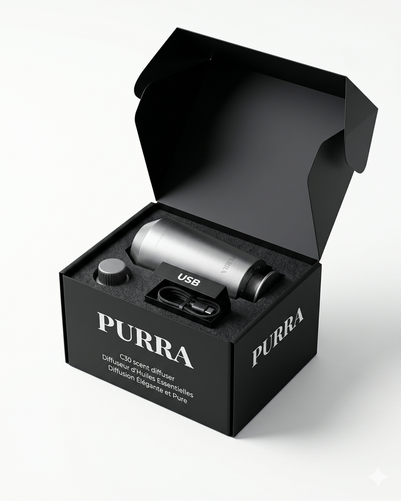 Cadeau de mariage original : diffuseur de parfum d'intérieur PURRA présenté dans son écrin noir