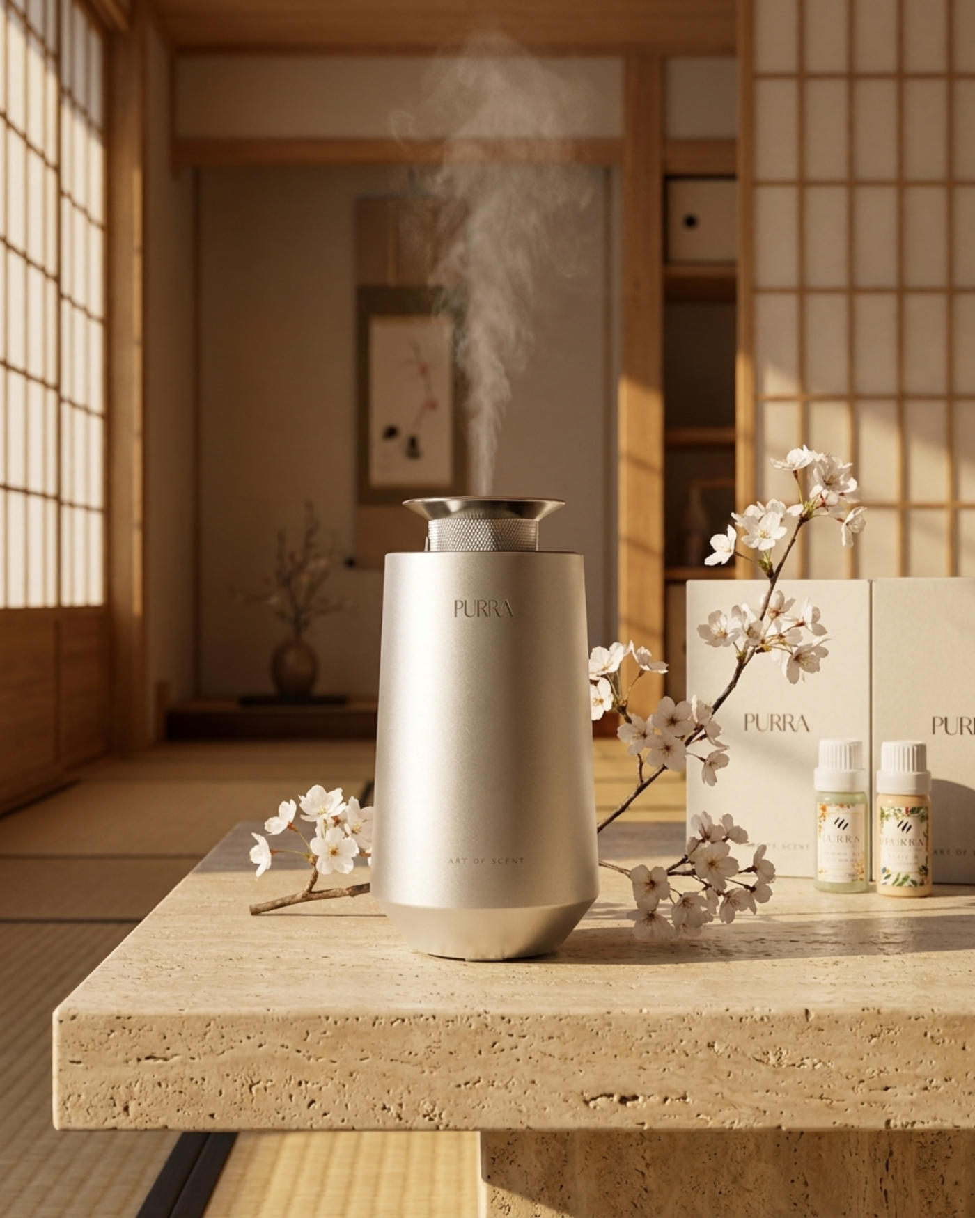 Diffuseur d'huiles essentielles PURRA dans un intérieur apaisant baigné de lumière