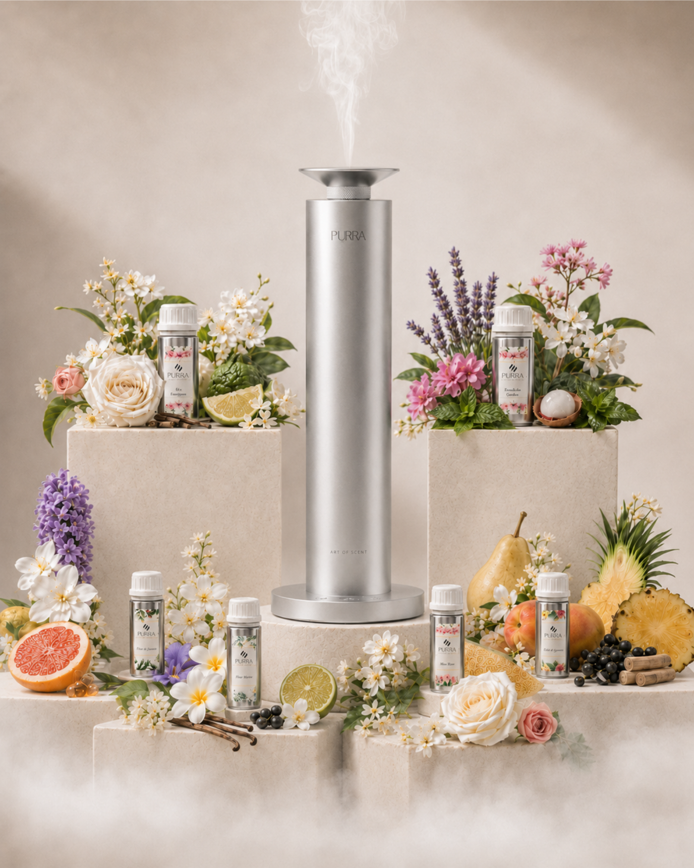 Diffuseur d'huiles essentielles à nébulisation PURRA X300 entouré des six senteurs