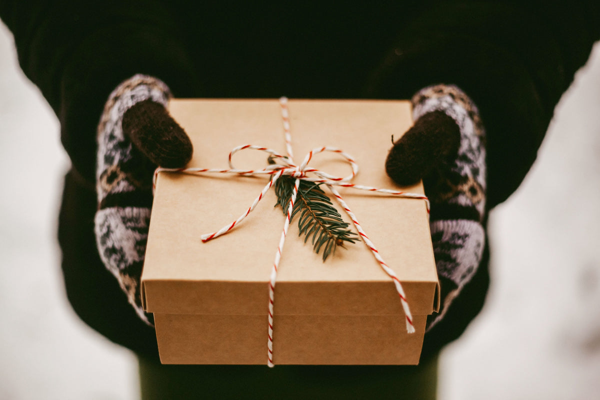 Mains en moufles de laine tendant un paquet kraft noué de ficelle et d'une branche de sapin, comme pour envoyer un cadeau de Noël directement au destinataire