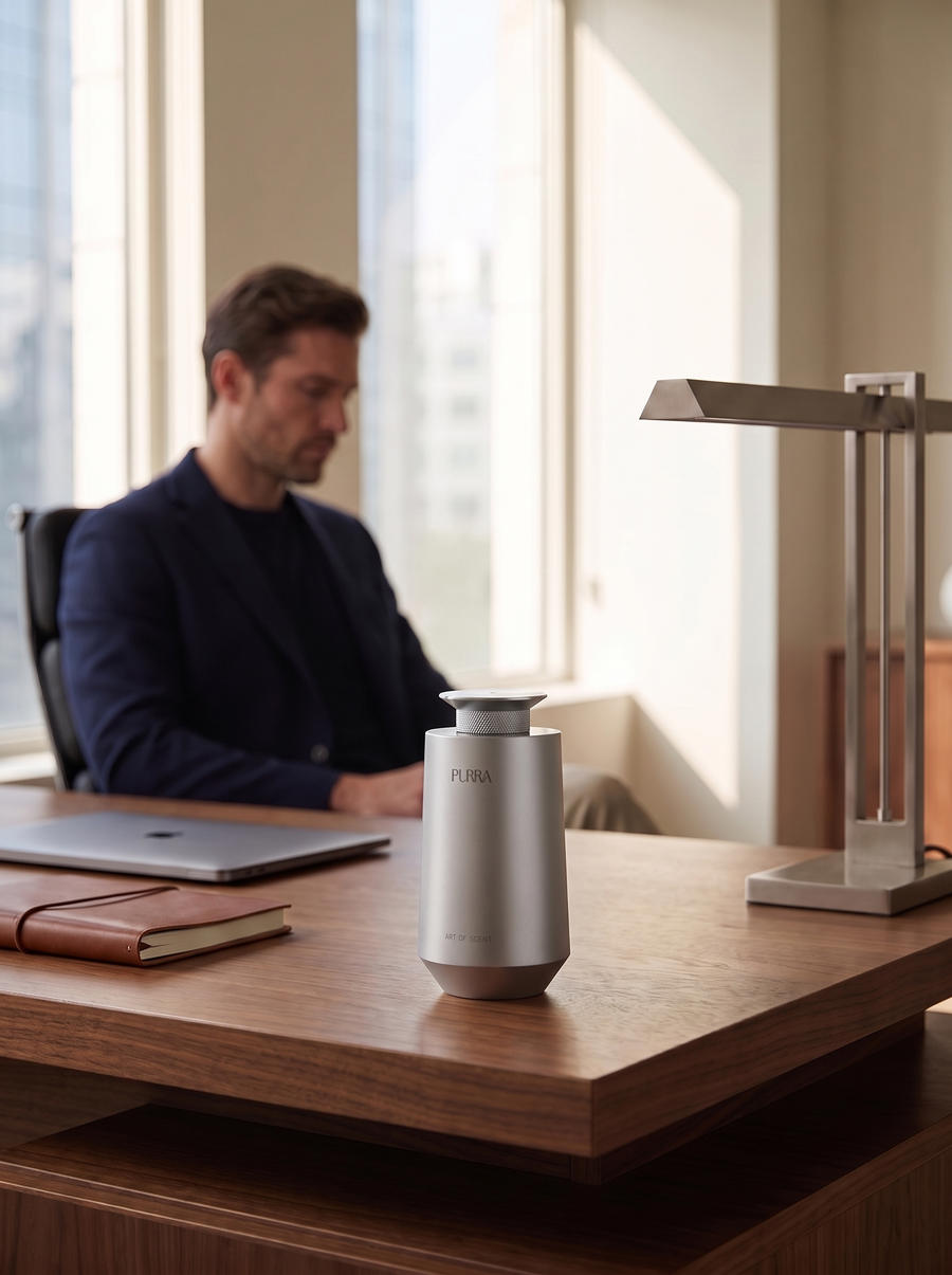 Diffuseur de parfum PURRA C30 à sa taille réelle sur un bureau en noyer